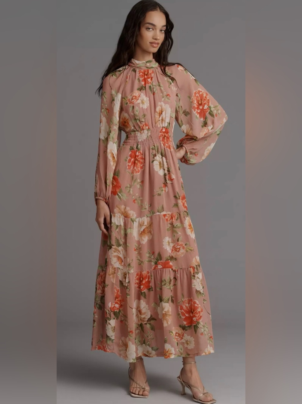 The Somerset Long-Sleeve Mock-Neck Chiffon Maxi Dress , Sz M, Pink Floral